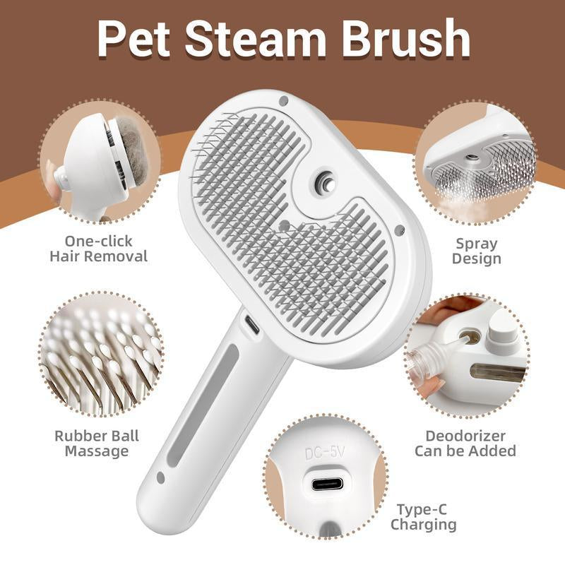 Steam Brush for Pets Long Short Haired, 3-In-1 Spray Dematting Comb with One-Button Clean, Grooming Tool for Small Animals